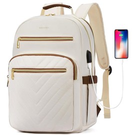 BOSTANTEN 15.6 Inch Laptop Backpack for Women College Teacher Computer Bag Travel Backpack Purse with USB Charging Port - Color: Beige