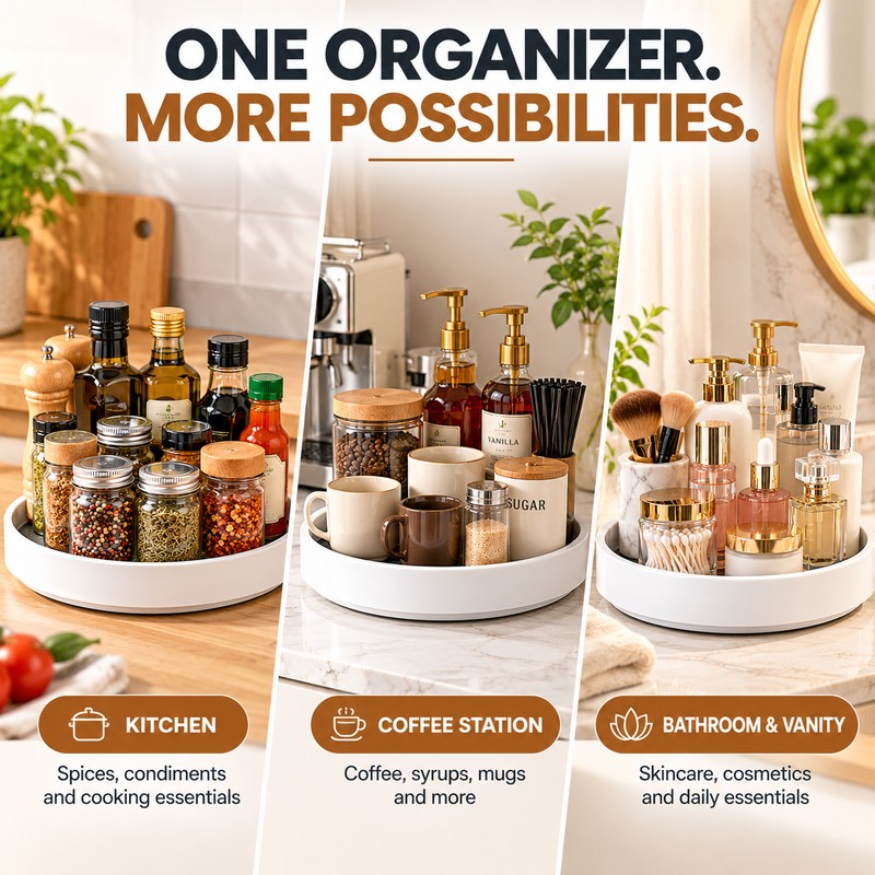 Lazy Susan Organizer, 360° Rotating Non-Slip Turntable with Raised Edge,