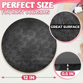 12 Inch Cake Drum - Black Round 12 Inch Cake Boards for Holiday Dessert Presentation, Grease and Moisture Resistant, Thick Durable Material with Fancy Pattern, Great for Christmas Parties & Birthdays