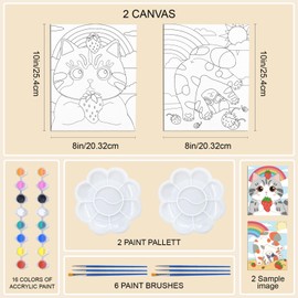 WEBEEDY 2 Pack 8x10 Inch Pre Drawn Canvas Pre Printed Canvas Set Cute Animals Painting Canvas Coloring Painting Canvas Set for Beginner Artist,Easy Acrylic Paint with Paints and Brushes Cat Rainbow