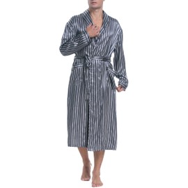 Lavenderi Mens Silky Satin Lounge Robe, Long Lightweight Sleepwear, Grey Stripe, Small