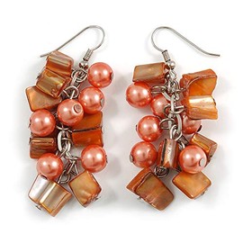 Peach Glass Bead, Burnt Orange Shell Nugget Cluster Dangle Earrings/Silver Tone/ 60mm Drop