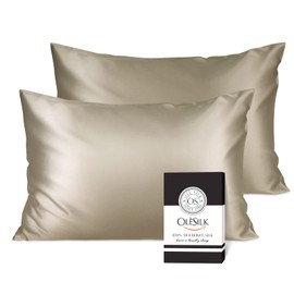 OLESILK 100% Mulberry Silk Pillow Cases 2 Pack, 19 Momme Real Pure Silk Pillowcase Zippered,Soft Breathele for Hair and Skin- Taupe, Standard Size, 20''×26''