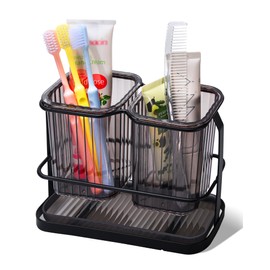 KONE Black Toothbrush Holders for Bathrooms, 2 Cups Toothbrush Holders Wall Mounted, Dry & Wet Separation, Bathroom Organizers and Storage, Bathroom Toothbrush Holder Set for Family Kids