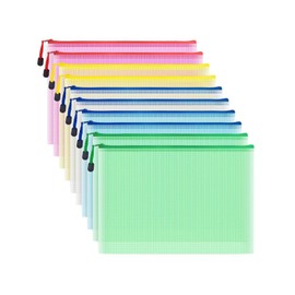 A4 Size Zippered Clear Files, Set of 10, Set of 5 Colors, Mesh Pockets, Waterproof, Document Organization, Study and Work, Small Storage, Office Supplies, School Supplies, Sorting Small Items, Easy