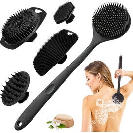 5 Cepillos Corporales de Silicona, Limpiador de Baño para Hombres y Mujeres Set de Cepillo Espalda Mango Largo, Facial, Champú, Cuero Cabelludo, Masaje, para Limpieza Profunda, Masajear y Relajante