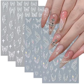 6Sheets White Snake Nail Art Stickers 3D Gothic Nail Decals Holographic White Butterfly Star Mermaid Tail Design Nail Art Supplies Butterflies Nail Sticker for Women Girls DIY Manicure Decoration