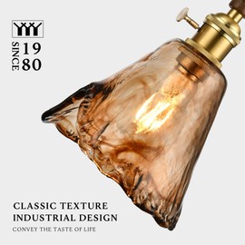 LUXWELL Modern Amber Glass Pendant Light, 6"x11.5" Floral Bell-Shaped Hanging Light with Wood Handle & Brass Cap, 15"-72" Adjustable Line, E26 Socket – Golden Amber Morning Glory