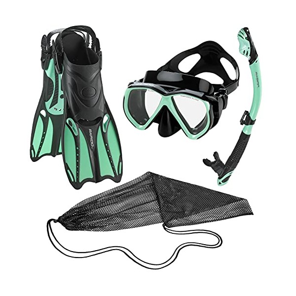 Phantom Aquatics Rapido Adult Mask Fin Snorkel Set, Panoramic View Snorkel Mask + Snorkeling Gear Travel Bag, Mint, S/M, US: 6/8 - EU: 38/41
