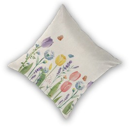 Spring Pillow Covers 16x16 Set of 2, Tulip Lavender Flower Decorative Throw Pillows Farmhouse Outdoor Linen Summer Seasonal Floral Cushion Case for Couch Sofa Home Decor