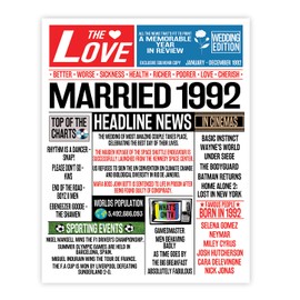 Stuff4 33rd Anniversary Poster Unframed - Married In 1992 Newspaper - Happy 33rd Wedding Anniversary for Men Women Vintage Gifts Retro Back In 1992, 8x10 Inch Thirty-Third Anniversaries Posters
