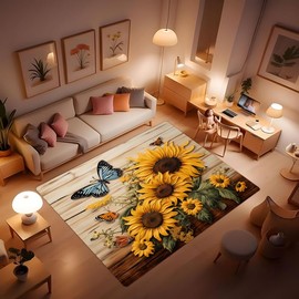 Area Rug,Butterfly Sunflower on Wooden Board Non Slip Mat Area Rug Runners Floor Carpet for Kitchen Bedroom Living Room Children's Room Decoration,Farmhouse Decor 24x36inch