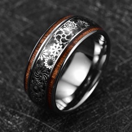 TUNGSTORY 10mm Hawaiian Koa Wood Engagement Ring Steampunk Gear Wheel Tungsten Promise Ring for Him Size 12.5