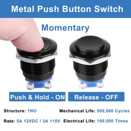 DMWD 2-Pack 19mm Metal Momentary Push Button Switch Screw Terminals 12V 24V 36V DC 110V 250V AC 5A 1NO ON-Off 3/4" Mounting Hole Aluminium Alloy Black Shell High Head