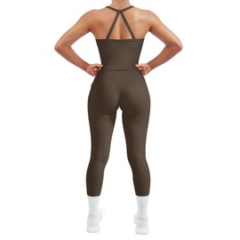 SUUKSESS Women 2 Piece Workout Sets Compression Tummy Control Leggings with Pockets Halter Built in Bra Tank Tops Sports Bra Scrunch Booty Lting Yoga Pants (Brown, M)