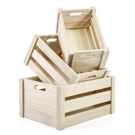 Gasuuo Wooden Crate, Large Nesting Wood Crates with Handles, Decorative Hand Crafted Box Rustic Wood Boxes Storage Container for Display, Decor, 4 Sides Wooden Terms Baskets-Natural Color, Set of 3