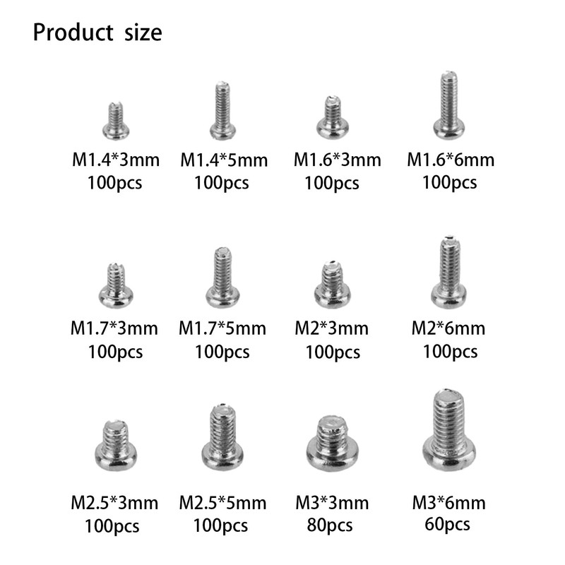 woshilaoDS 1140 Pcs Tiny Screws for Electronics, M1.4 M1.6 M1.7