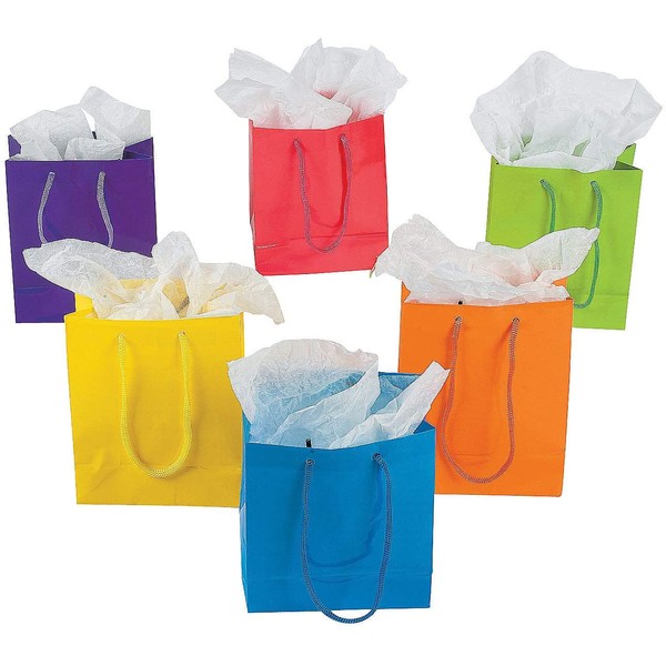 Fun Express Neon Small Gift Bags - Party Favor Bags -Gift Bags with Handles - 12 Pack