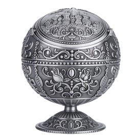 Vintage Art Craft Ashtray Metal Round Ball Stamped Pattern Gift Decoration (Silver)