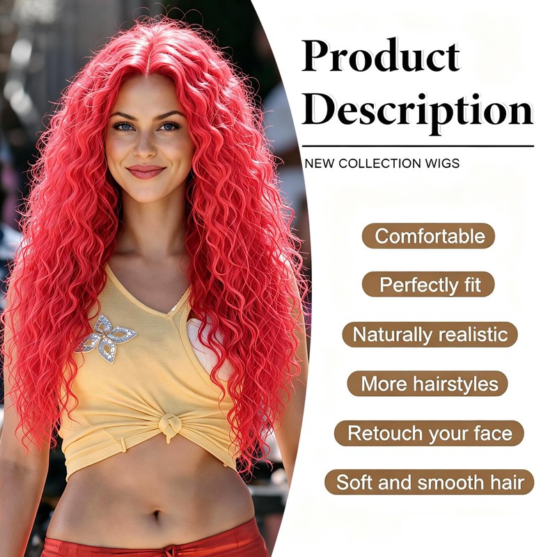 Curly Wig for Women, Hot Pink Wig, 26 inch, Synthetic