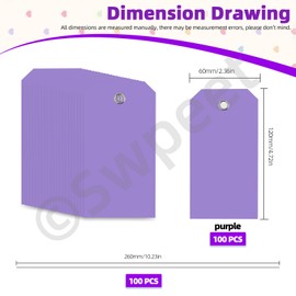 Swpeet 200Pcs Purple 4.72"x2.36" Waterproof Writable Eyelet Hole Plastic Tags with Wires Assortment Kit, Hanging Tags Attached Eyelet Blank Tag for Labeling Luggage Product Identification