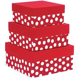 Made in USA Recycled Paper Kraft Boxes – 6.25”, 7.25” & 8.25” – Nested Squared Boxes with Lids (Large Set of 3 - Red Polka Dot)