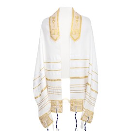 3 ARCHES USA, The Blessing Tallit, 73”X 33” Messianic Prayer Shawl Christian-Messianic Large Tallit With Bag & Brochure-Israel Design (Gold/White)