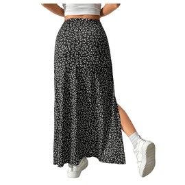 GORGLITTER Summer Skirt Women's Long Boho Skirt with Slit Floral Skirt Maxi Skirt with Flowers Beach Skirt Long Skirt Elegant Casual Skirt, black, L