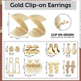 Chriscoco 9Pairs Gold Clip On Statement Earrings for Women Large Gold Earrings Exaggerated Women's Clip-on Earrings Non Pierced Geometric Leaf Round Dangle Earrings