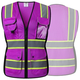 JKSafety 9 Pockets Women Hi-Vis Reflective Safety Vest | Mesh Neon Purple | Reflective Strips with Yellow Extended Trims | ANSI Compliant (168-Purple, S)