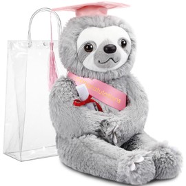 Hollowfly 2025 Graduation Gifts Plush Bear 10 Inch Stuffed Animal Signature for Class of 2025 Graduation Congratulations with Cap Plushies Bear with Clear PVC Bag for Students(Pink,Sloth)