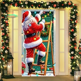 Merry Christmas Santa Claus Tree Gift Door Cover Banner 71 x 35 Inch, Polyester Hanging Decoration for Home, Indoor Outdoor Entrance Garden Courtyard Holiday Party Supplies