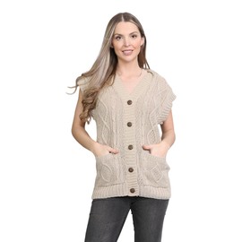 LUXFAB Womens Sleeveless Cable Knitted Grandad Cardigan Ladies 5 Button Casual Winter Sweater Waistcoat Top Stone