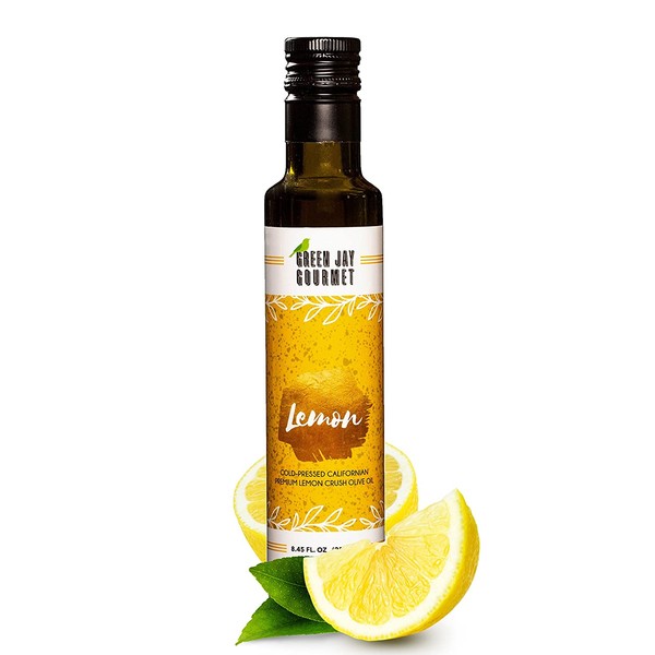 Green Jay Gourmet Lemon Olive Oil from Organically Grown Olives - Lemon Crushed Extra Virgin Olive Oil - Trans-Fat Free Cold Pressed Olive Oil - Lemon Flavored Olive Oil - Gourmet Olive Oil - 250ml