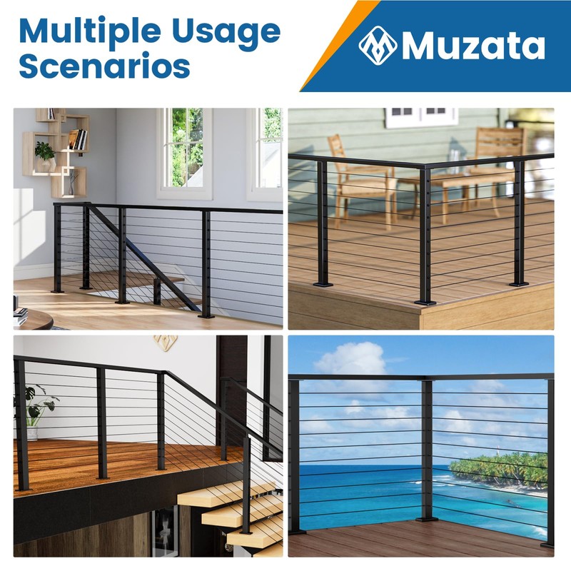 Muzata Aluminum Black Corner Cable Railing Post 36 Inch 36"X2"x2"