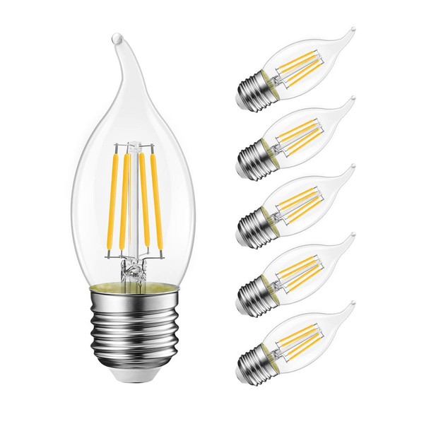 LVWIT Flame Tip LED Filament Bulb Candelabra E26 Base Dimmable 4.5W (60W Equivalent) B11 Chandelier Candle Light Bulb，2700K Warm White 6-Pack