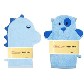 2Pcs Blue Baby Wash Mitt - Cute Animal Designs Kids Washcloths Glove, Child Bath Mitt for Cleanse The Skin(Dinosaur,Dog)