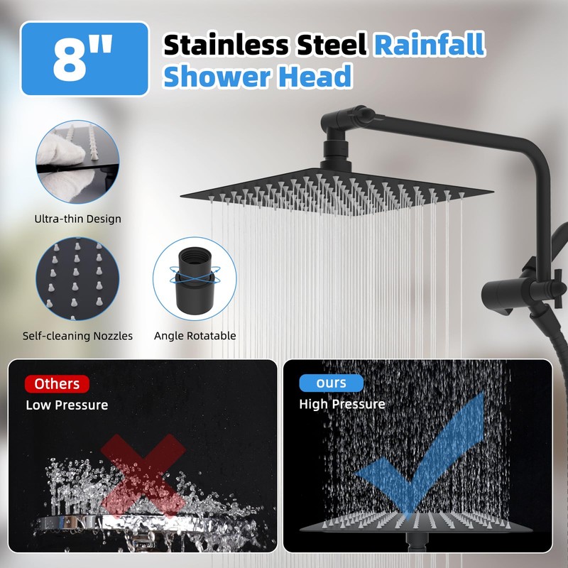 All Metal Shower Head, 8" High Pressure Rainfall/Handheld Shower Combo