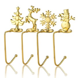 4 PCS Christmas Stocking Hooks Holder, Christmas Tree Snowflake Reindeer Snowman Stocking Hangers, Anti Skid Safety Metal Hang Grip for Mantle Fireplace Christmas Party Decoration (Golden)