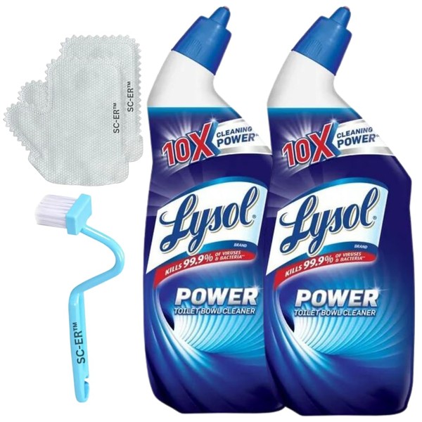 2PK Lysol'® Power Clinging Gel Toilet Bowl Cleaner - Powerful Remover for Lime Stains - 48 Fl Oz Total + 2pk Microfiber Cleaning & Dust Removal Gloves + 1 Plastic V-Type Toilet Brush