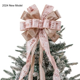 Christmas Tree Topper, 40x13 Inches Toppers Bow with Glitter Satin Mesh Streamer and Patterned Ribbon, Christmas Tree Topper Bow for Christmas Home Decoration (Rose Gold)