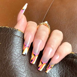 EXOTIC BABE Press-On Nails by Lavaa Beauty | Extra-Long Coffin | Orange Pattern French Tip Nails on Nude Base
