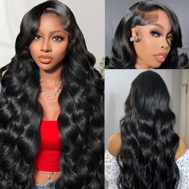kopink 28 Inch 13x6 Lace Front Wigs Human Hair 220% Density Body Wave HD Lace Front Wigs Human Hair Pre Plucked with Baby Hair Natural Black Glueless 13x6 Full Lace Frontal Wigs For Women