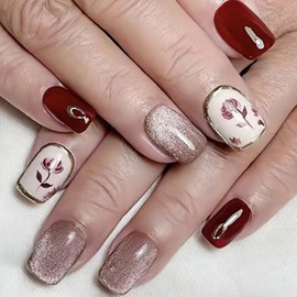 Glue on Nails Square Press on Nails Short Spring Fake Nails with Flowers Glitter Design Nails Press ons Red Brown Full Cover Acrylic Nails Glossy False Nails Artificial Stick on Nails for Women 24Pcs