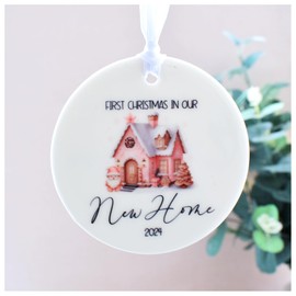 First Christmas In Our New Home 2024 Hanging Decoration. Pink Santa Gingerbread House. Homebuyer, Homeowner, Closing Gift. White Ceramic Ornament. Xmas Tree Keepsake Bauble
