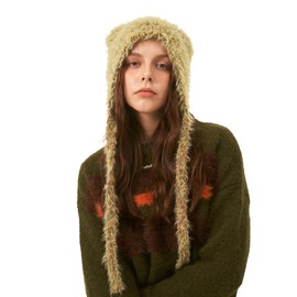 LumiSyne Winter Hat Cute Cat Ear Shape y2k Style Furry Knit Earflap Hat with Long Ear Straps Peruvian Cover Ear Beanie Hat Mustard Green