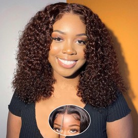 Kerberey Bob Wig Human Hair Deep Wave Glueless Wigs Human Hair Pre Plucked Pre Cut Chocolate Brown 5x5 Wear and Go Wig for Black Women Lace Front Glueless Wigs Human Hair 16Inch