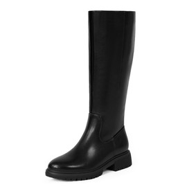 VIUGJNEX Womens Black Boots No Heel Flat Platform Knee High Boots Round Toe Block Womens Riding Boot Lug Sole Chunky Low Heel Tall Fall Boot for Women Size 7