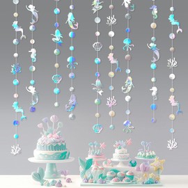 DONHUA 4pcs Iridescent Mermaid Garland with Jellyfish Seashell Starfish Pearl Holographic Streamer for Birthday Baby Shower Mermaid Rainbow Theme Party Decorations