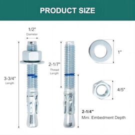 HROMIGRY 1/2" x 3-3/4" Concrete Anchors (12 Pack) 1/2 inch Wedge Anchors Bolts Zinc Plated
